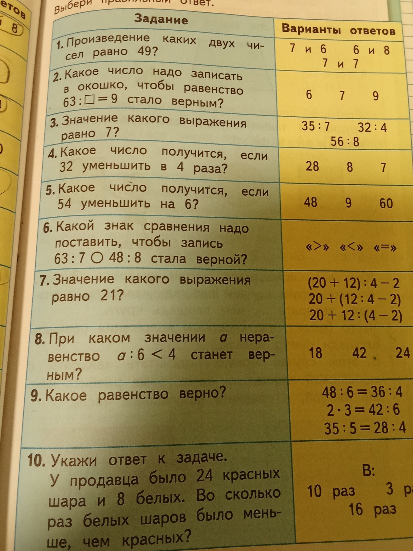 Фото задания: 1. Произведение каких двух чисел равно 49? Варианты: 7 и 6; 6 и 8; 7 и 7.