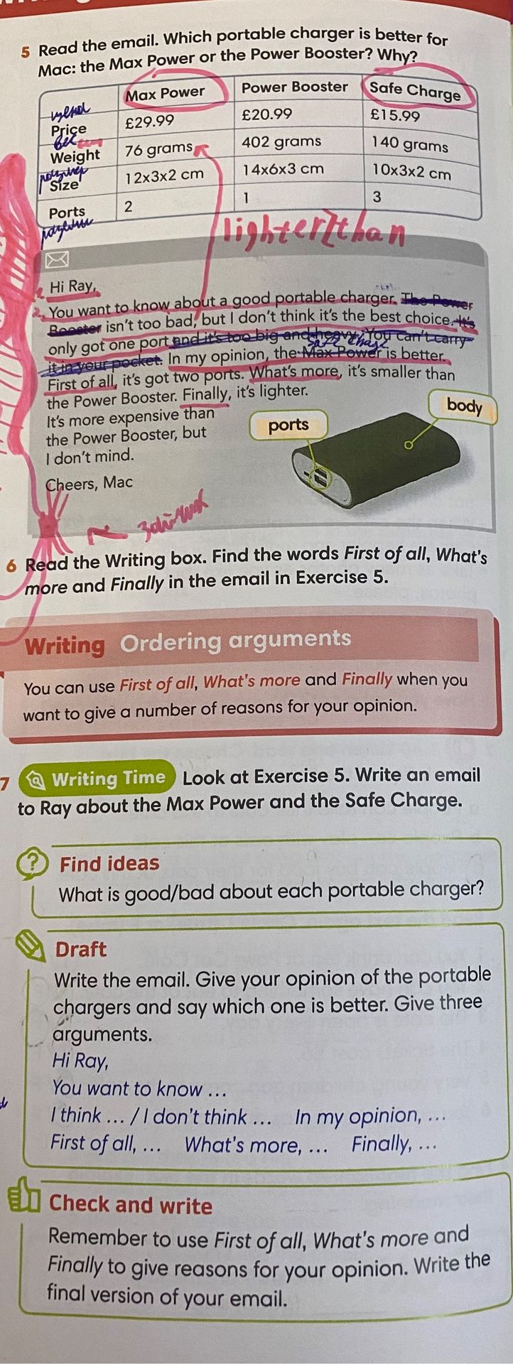 Фото задания: 6. Read the Writing box. Find the words First of all, What’s more and Finally in the email in Exercise 5.