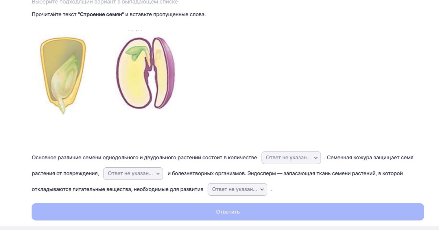 Фото задания: Прочитайте текст «Строение семян» и вставьте пропущенные слова. Основное различие семени однодольного и двудольного…