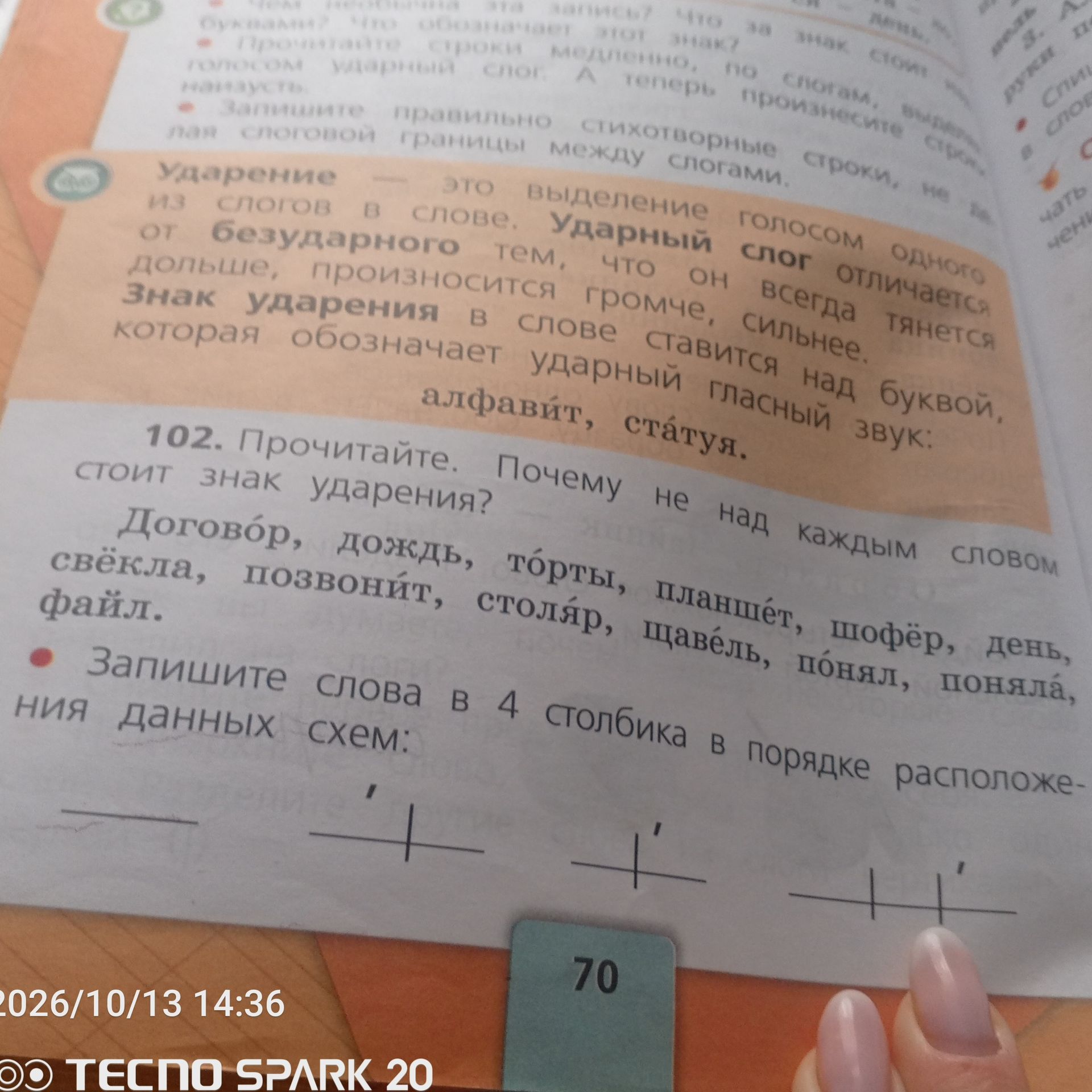 Фото задания: 102. Прочитайте. Почему не над каждым словом стоит знак ударения? Договор, дождь, торты, планшет, шофёр, день, свёкла,…