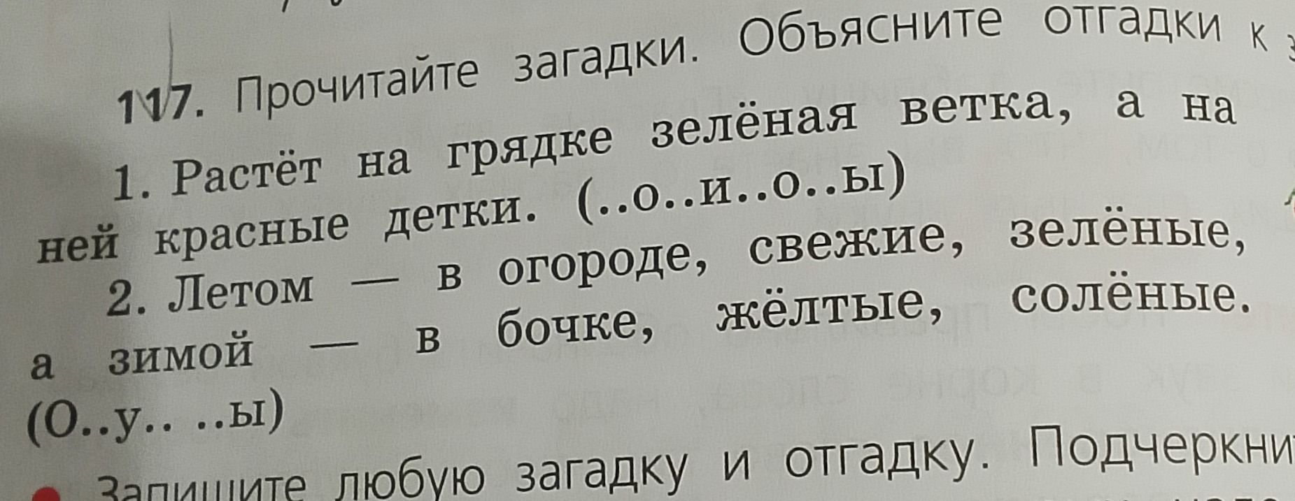 Фото задания: 117. Прочитайте загадки. Объясните отгадки. 1. Растёт на грядке зелёная ветка, а на ней красные детки. (..о..и..о..ы) 2.…