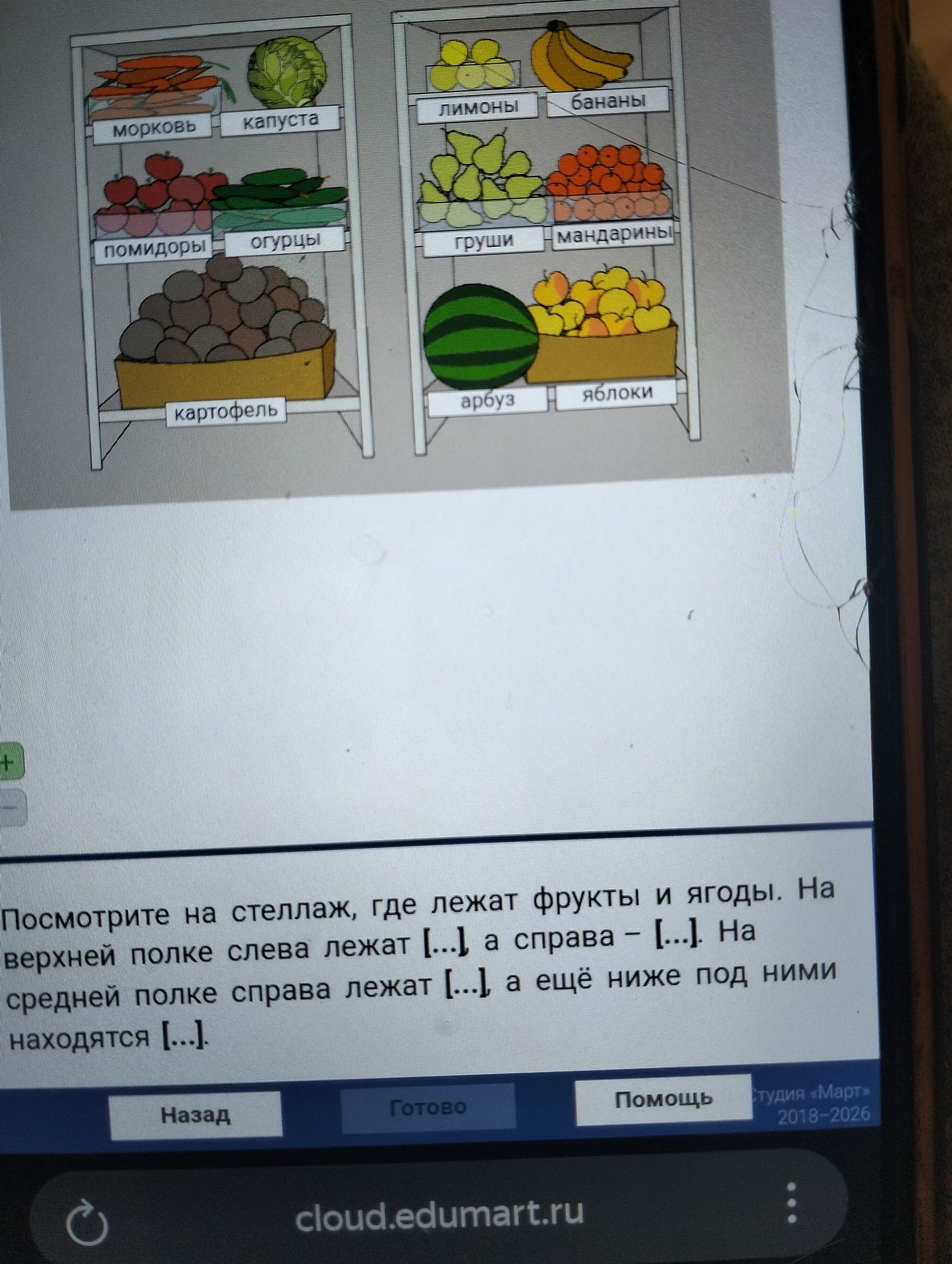 Фото задания: Посмотрите на стеллаж, где лежат фрукты и ягоды. На верхней полке слева лежат [...], а справа — [...]. На средней полке…