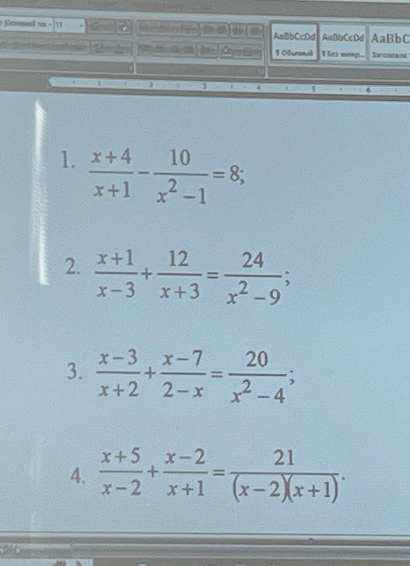 Фото задания: 1. \(\frac{x+4}{x+1}-\frac{10}{x^2-1}=8\)