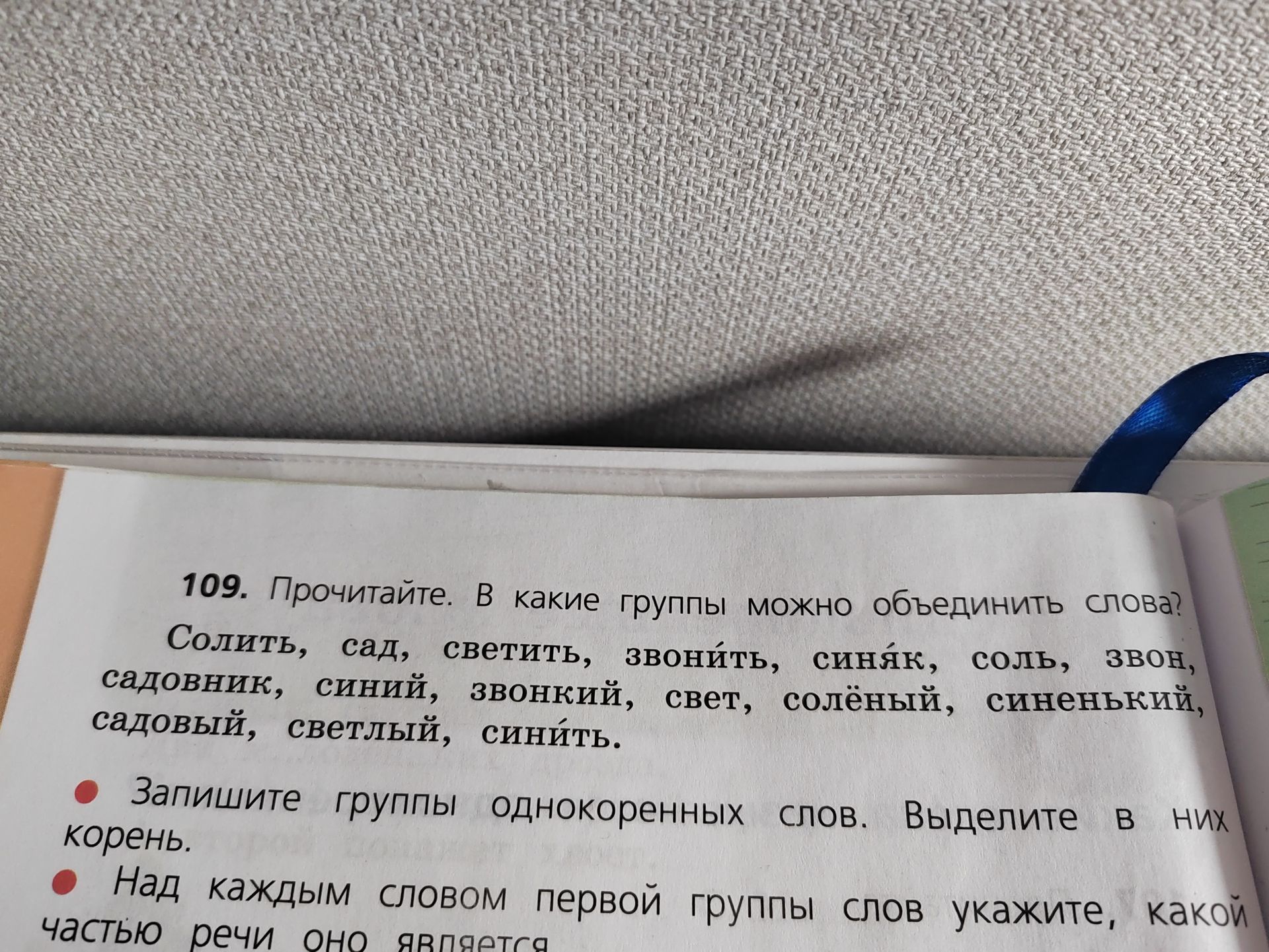 Фото задания: 109. Прочитайте. В какие группы можно объединить слова? Солить, сад, светить, звонить, синяк, соль, звон, садовник, синий,…