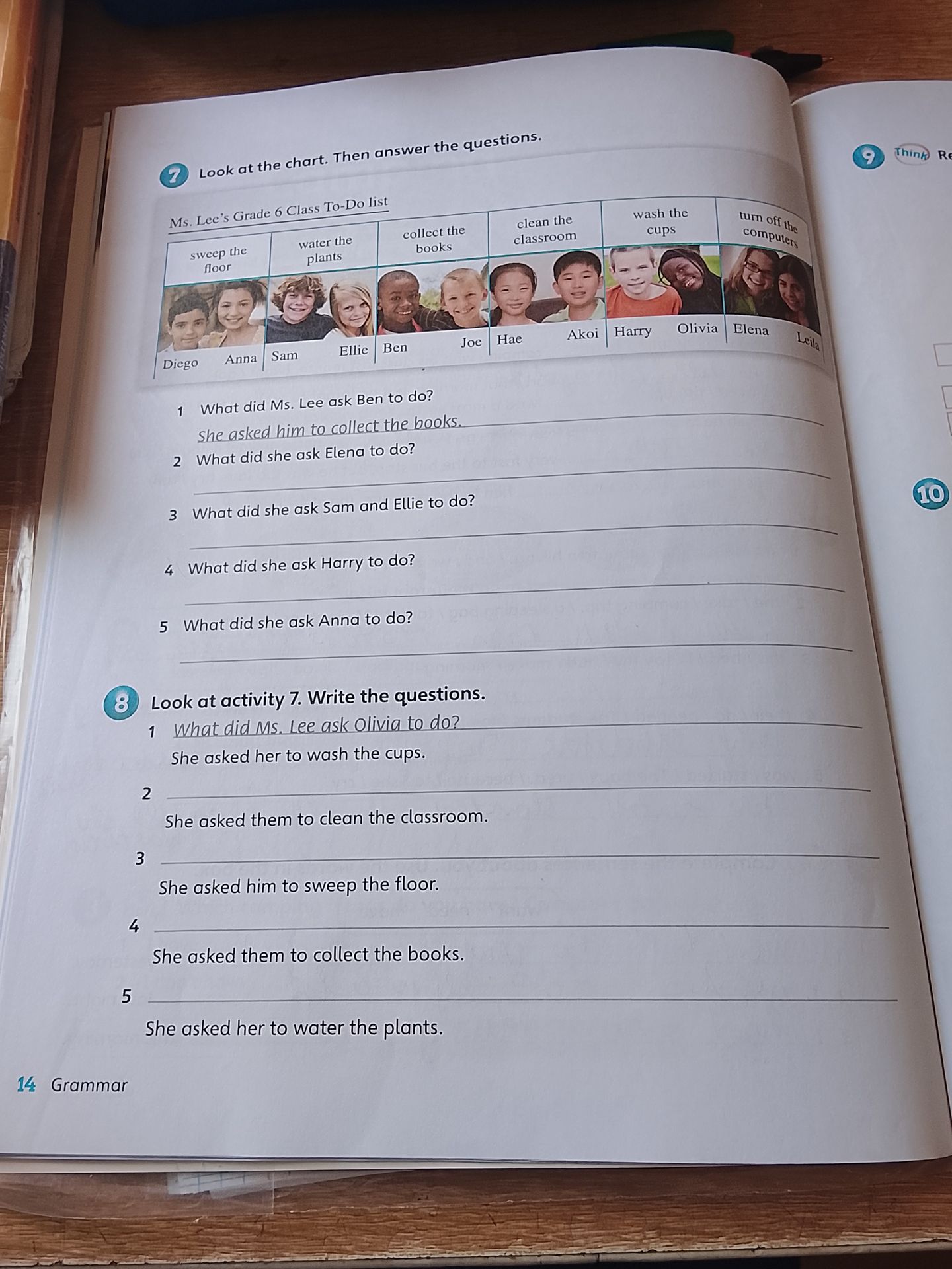 Фото задания: 7. Look at the chart. Then answer the questions. Ms. Lee’s Grade 6 Class To-Do list: Diego and Anna — sweep the floor; Sam…