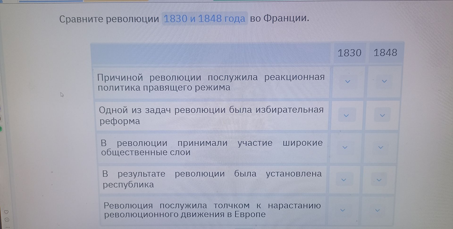 Фото задания: Сравните революции 1830 и 1848 года во Франции. Определите, верны ли утверждения для каждой революции: 1) причиной…