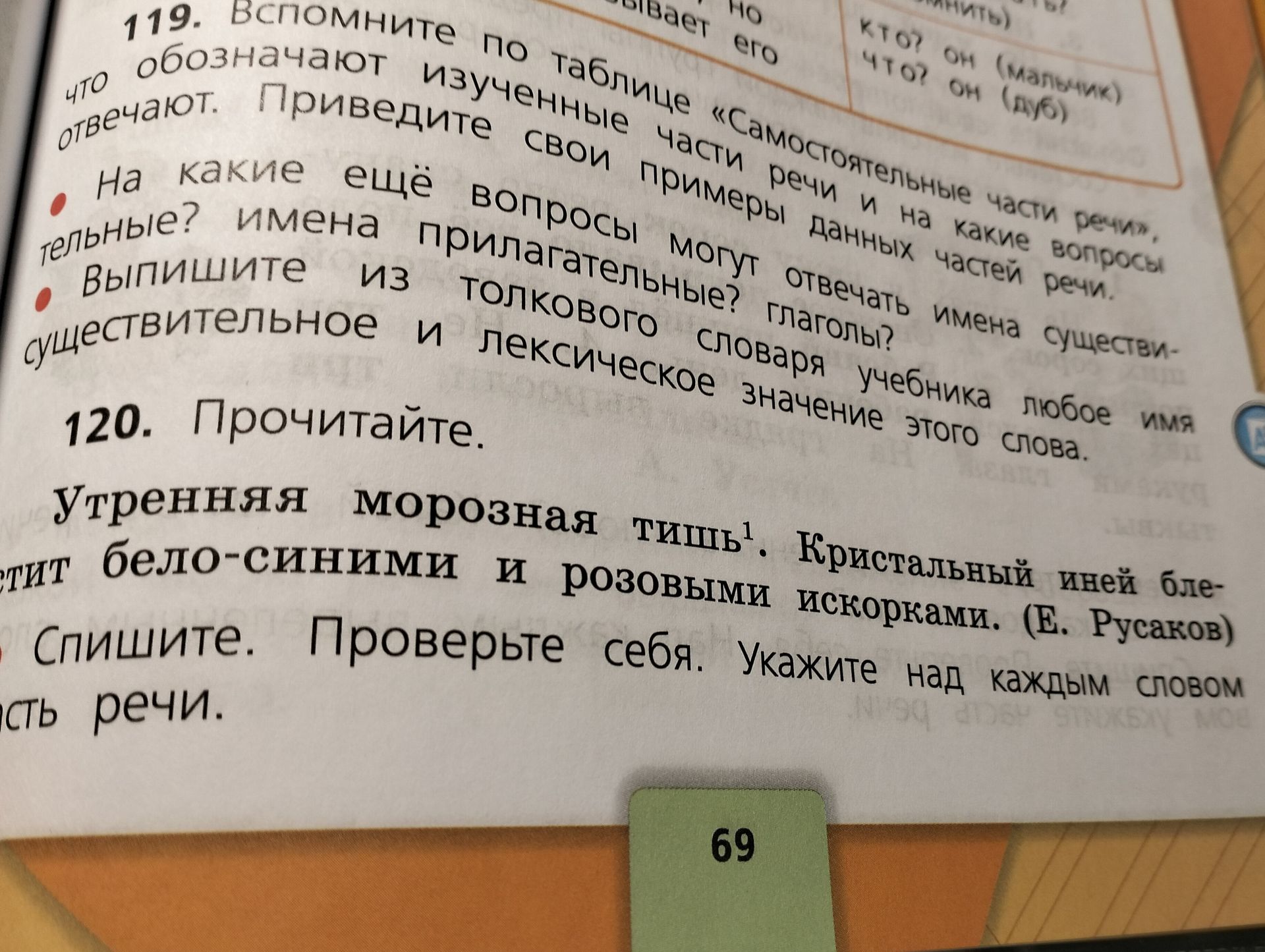 Фото задания: 119. Вспомните по таблице «Самостоятельные части речи», что обозначают изученные части речи и на какие вопросы отвечают.…