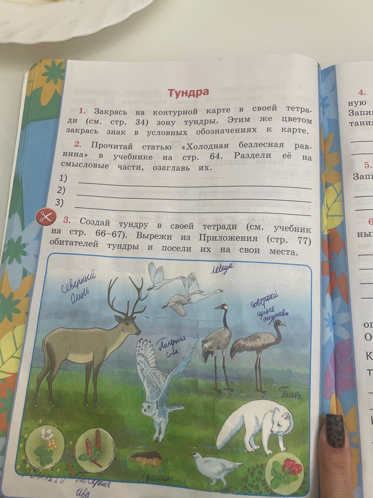 Фото задания: 3. Создай тундру в своей тетради (см. учебник на стр. 66–67). Вырежи из Приложения (стр. 77) обитателей тундры и посели их на…