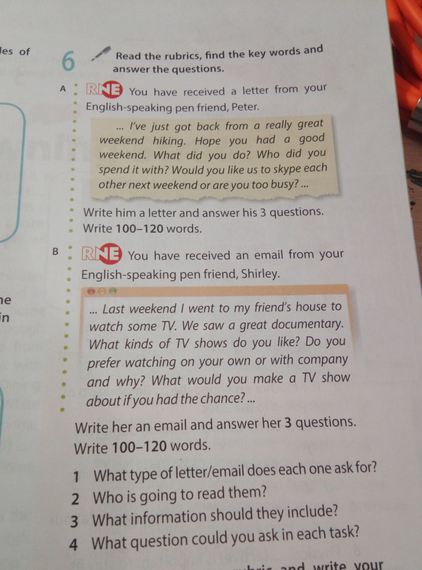 Фото задания: 6. Read the rubrics, find the key words and answer the questions. A) You have received a letter from your English-speaking…