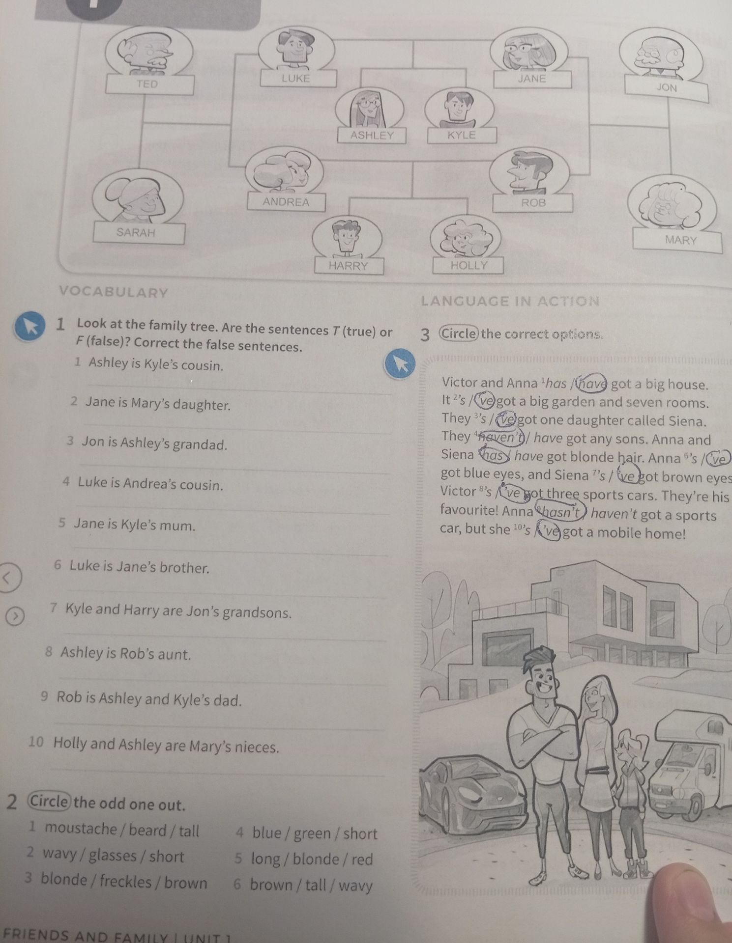 Фото задания: 3. Circle the correct options. Victor and Anna 1) has / have got a big house. It 2) ’s / ’ve got a big garden and seven…