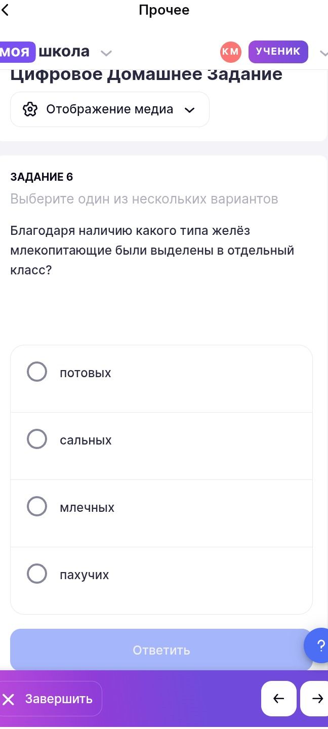 Фото задания: ЗАДАНИЕ 6. Благодаря наличию какого типа желёз млекопитающие были выделены в отдельный класс? Выберите один из вариантов:…
