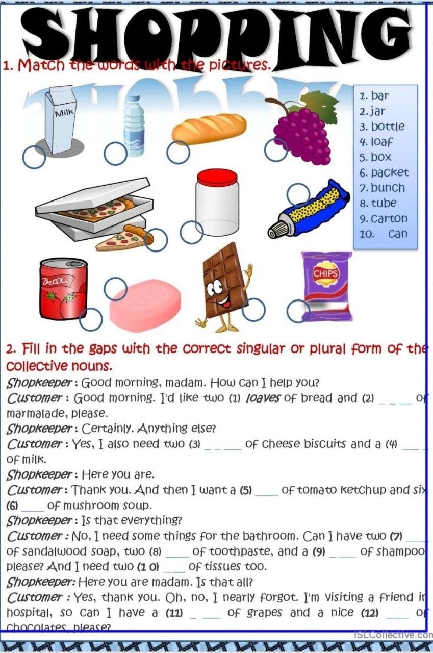 Фото задания: 1. Match the words with the pictures: 1. bar; 2. jar; 3. bottle; 4. loaf; 5. box; 6. packet; 7. bunch; 8. tube; 9. carton;…