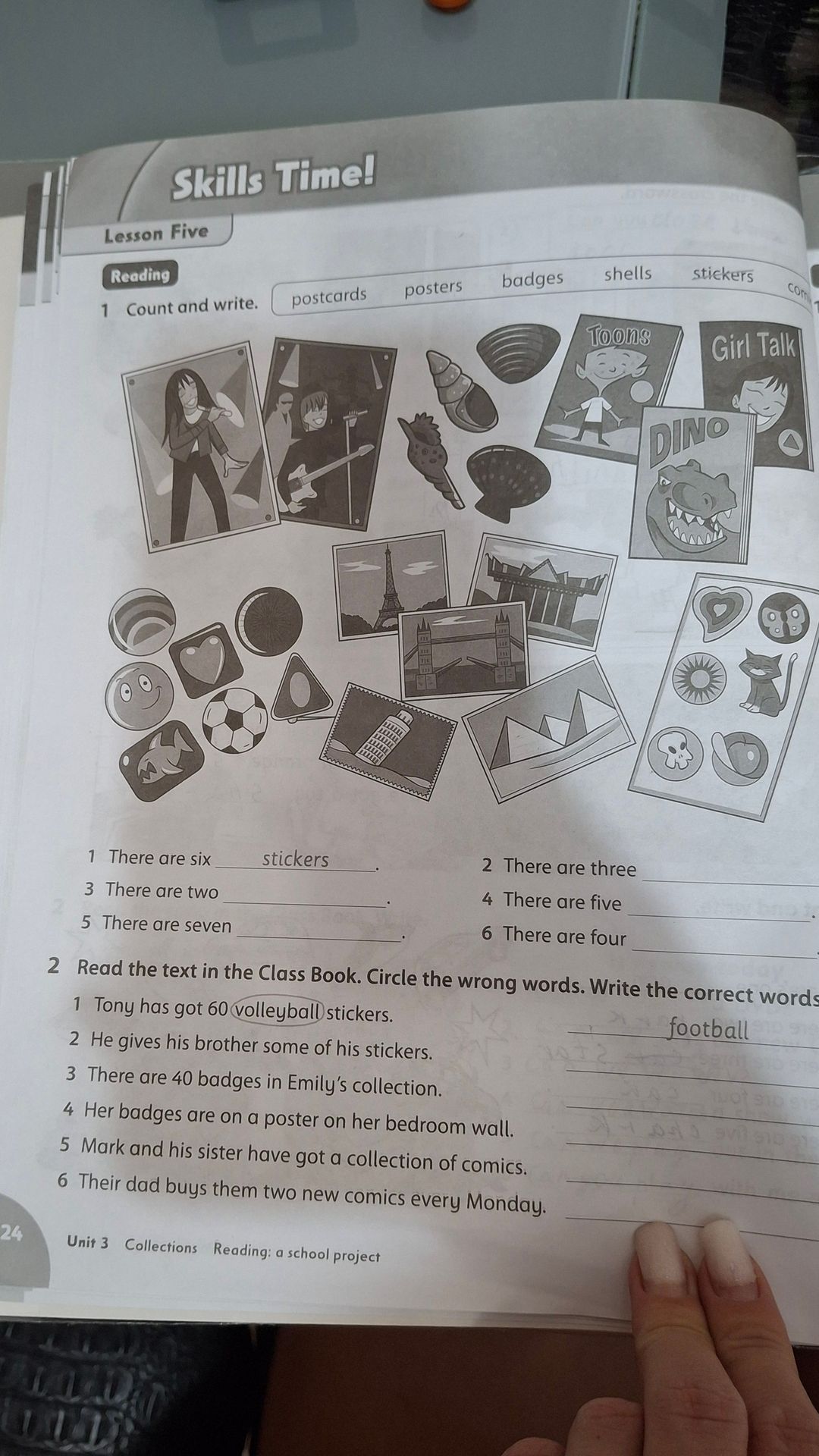 Фото задания: 2. Read the text in the Class Book. Circle the wrong words. Write the correct words. 1. Tony has got 60 volleyball…