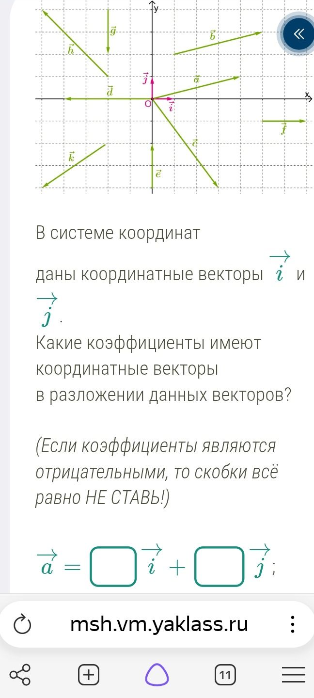 Фото задания: В системе координат даны координатные векторы \(\vec i\) и \(\vec j\). Какие коэффициенты имеют координатные векторы в…