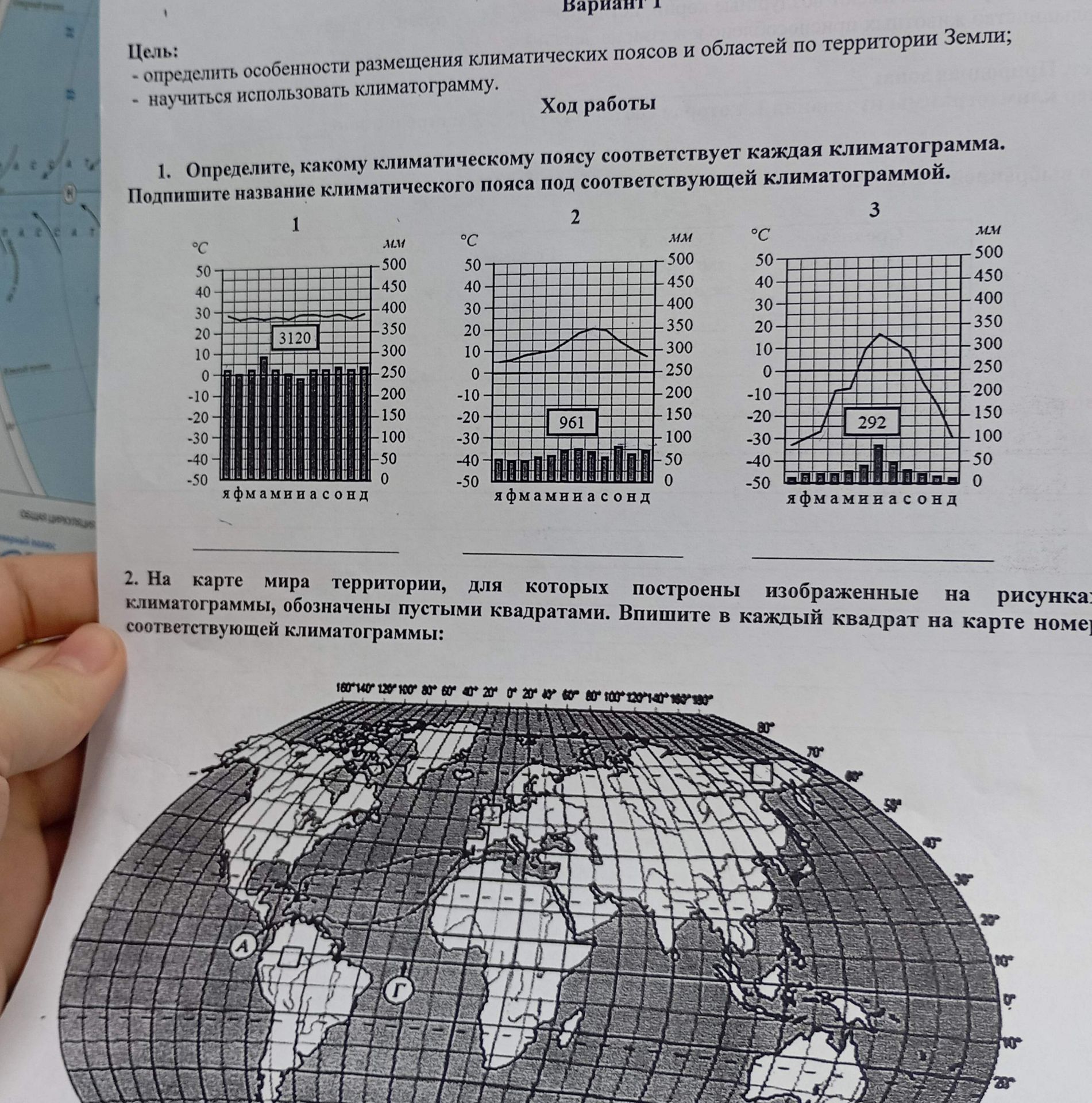 Фото задания: 2. На карте мира территории, для которых построены изображённые на рисунке климатограммы, обозначены пустыми квадратами.…
