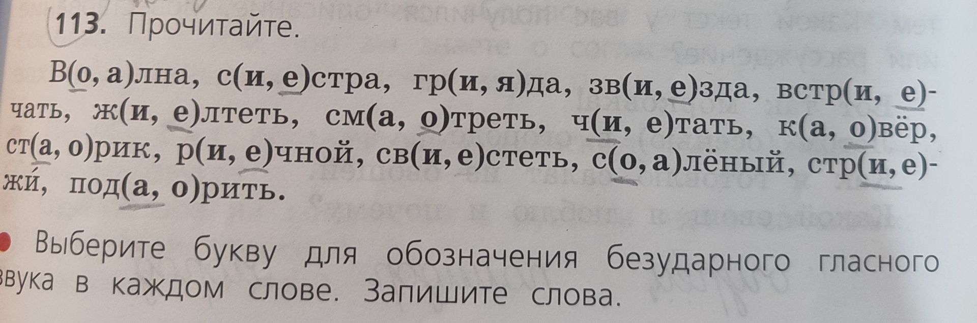 Фото задания: 113. Прочитайте. В(о, а)лна, с(и, е)стра, гр(и, я)да, зв(и, е)зда, встр(и, е)чать, ж(и, е)лтеть, см(а, о)треть, ч(и,…