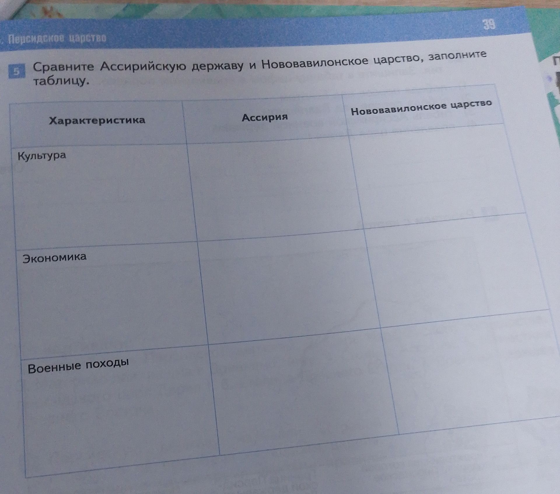 Фото задания: 5. Сравните Ассирийскую державу и Нововавилонское царство, заполните таблицу. Характеристики: культура, экономика, военные…