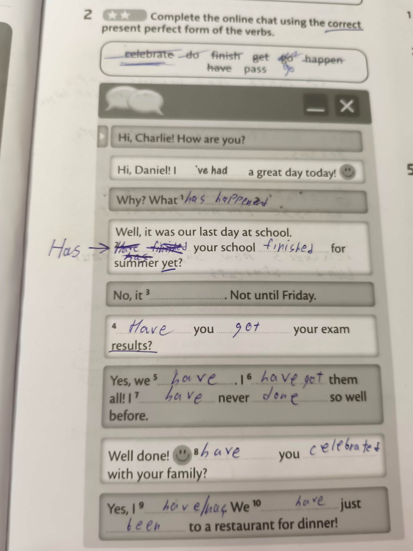 Фото задания: 2. Complete the online chat using the correct present perfect form of the verbs: celebrate, do, finish, get, happen, have,…