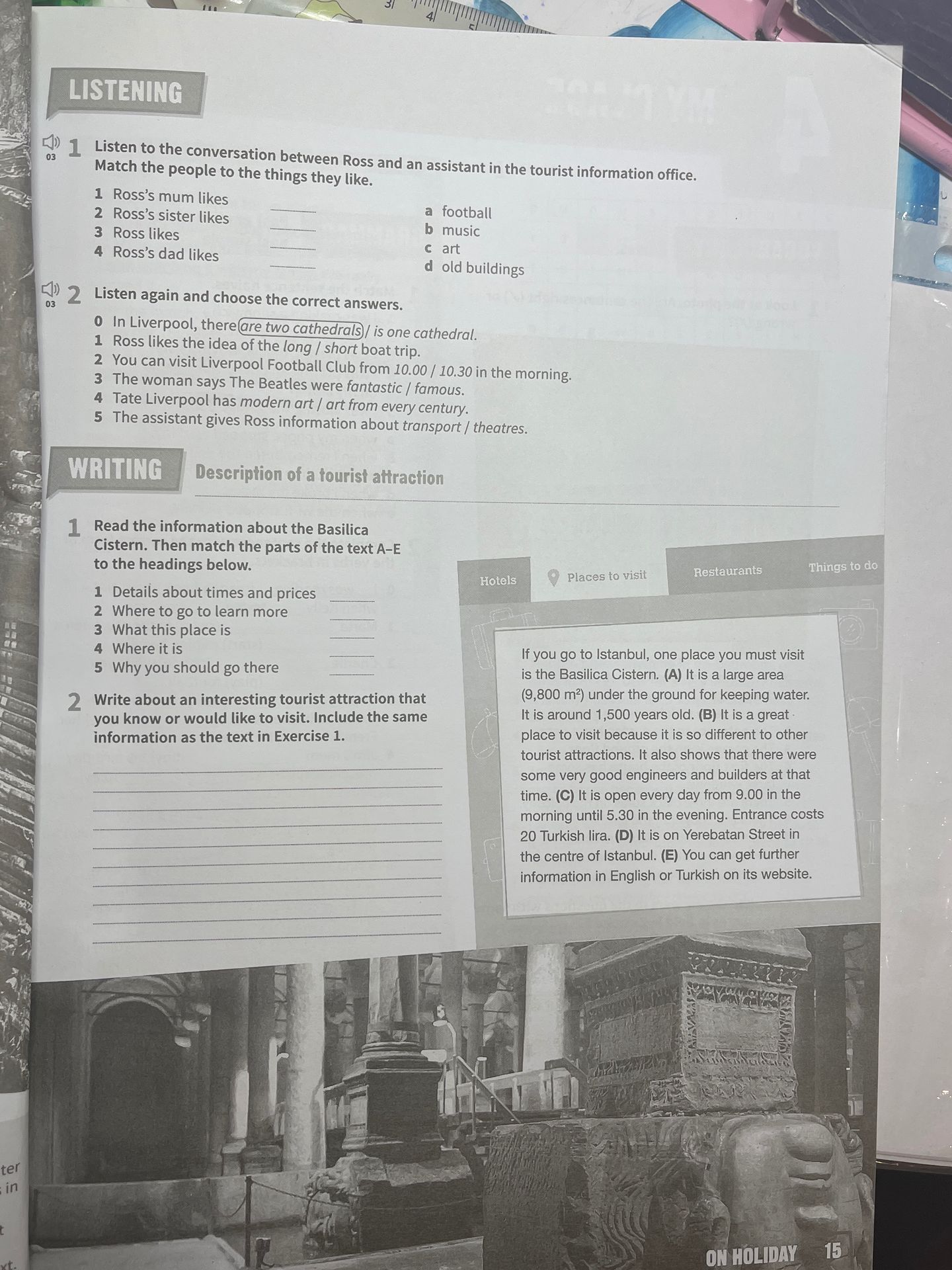 Фото задания: Writing 1. Read the information about the Basilica Cistern. Then match the parts of the text A–E to the headings: 1 Details…