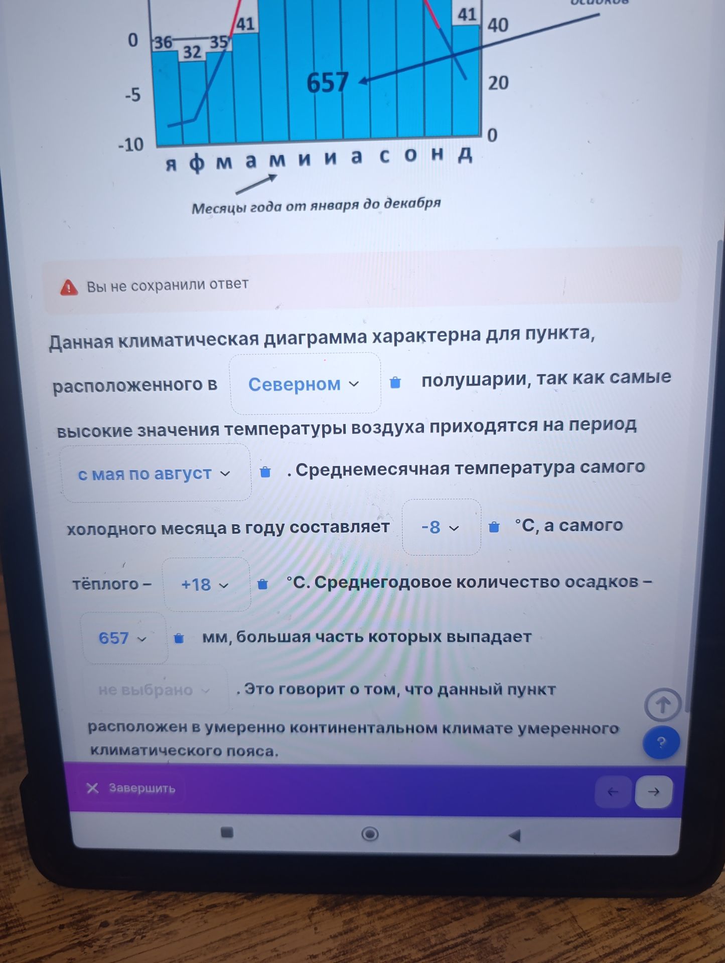 Фото задания: Данная климатическая диаграмма характерна для пункта, расположенного в Северном полушарии, так как самые высокие значения…