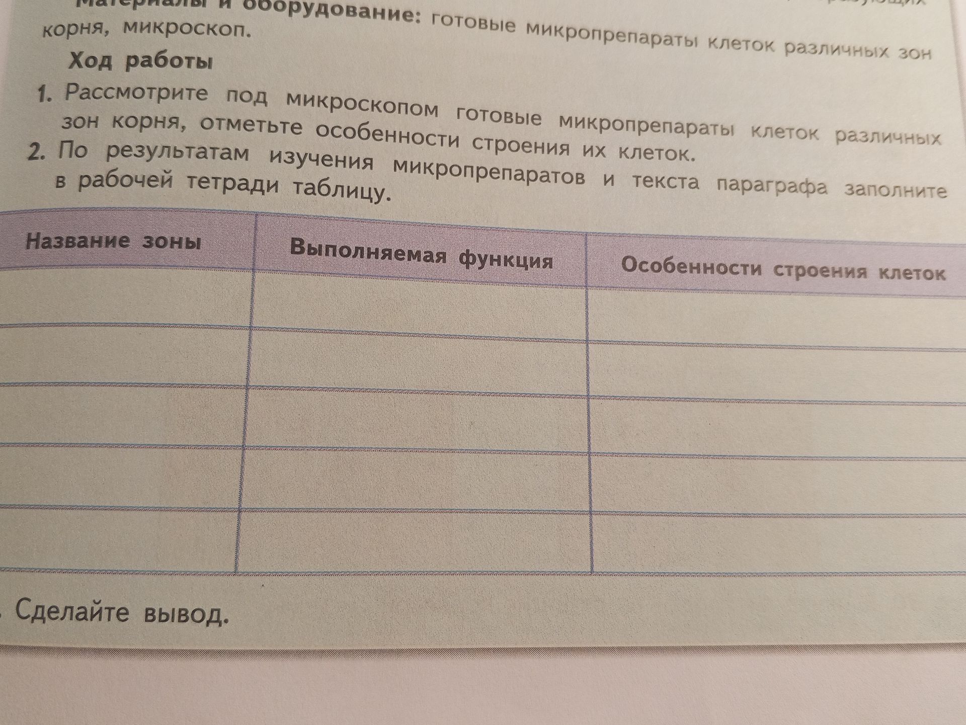 Фото задания: 2. По результатам изучения микропрепаратов и текста параграфа заполните в рабочей тетради таблицу: «Название зоны —…