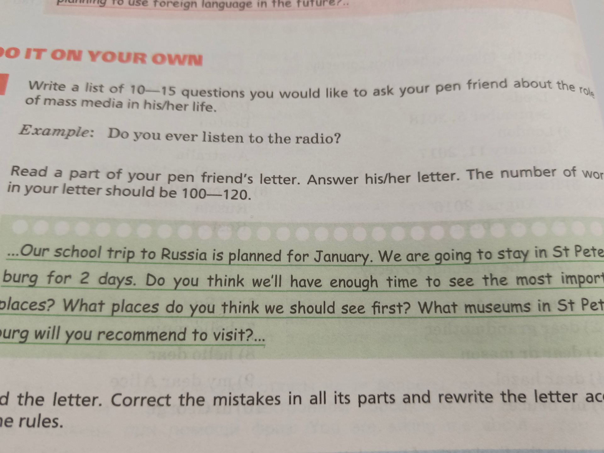 Фото задания: Write a list of 10—15 questions you would like to ask your pen friend about the role of mass media in his/her life.…