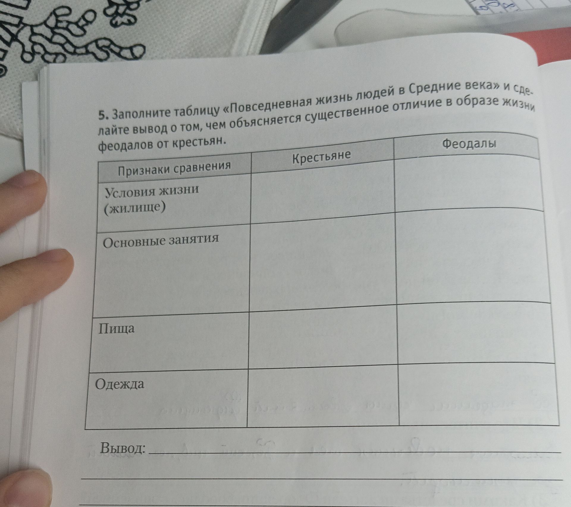 Фото задания: 5. Заполните таблицу «Повседневная жизнь людей в Средние века» и сделайте вывод о том, чем объясняется существенное отличие в…