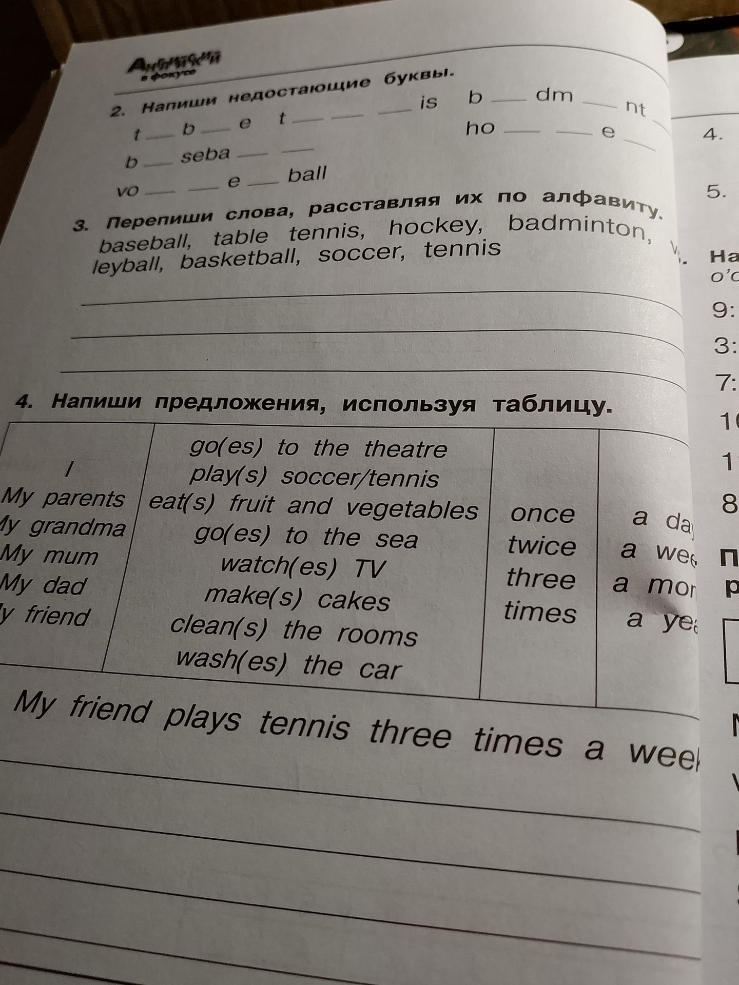 Фото задания: 4. Напиши предложения, используя таблицу. В таблице: My parents, My grandma, My mum, My dad, My friend; go(es) to the…