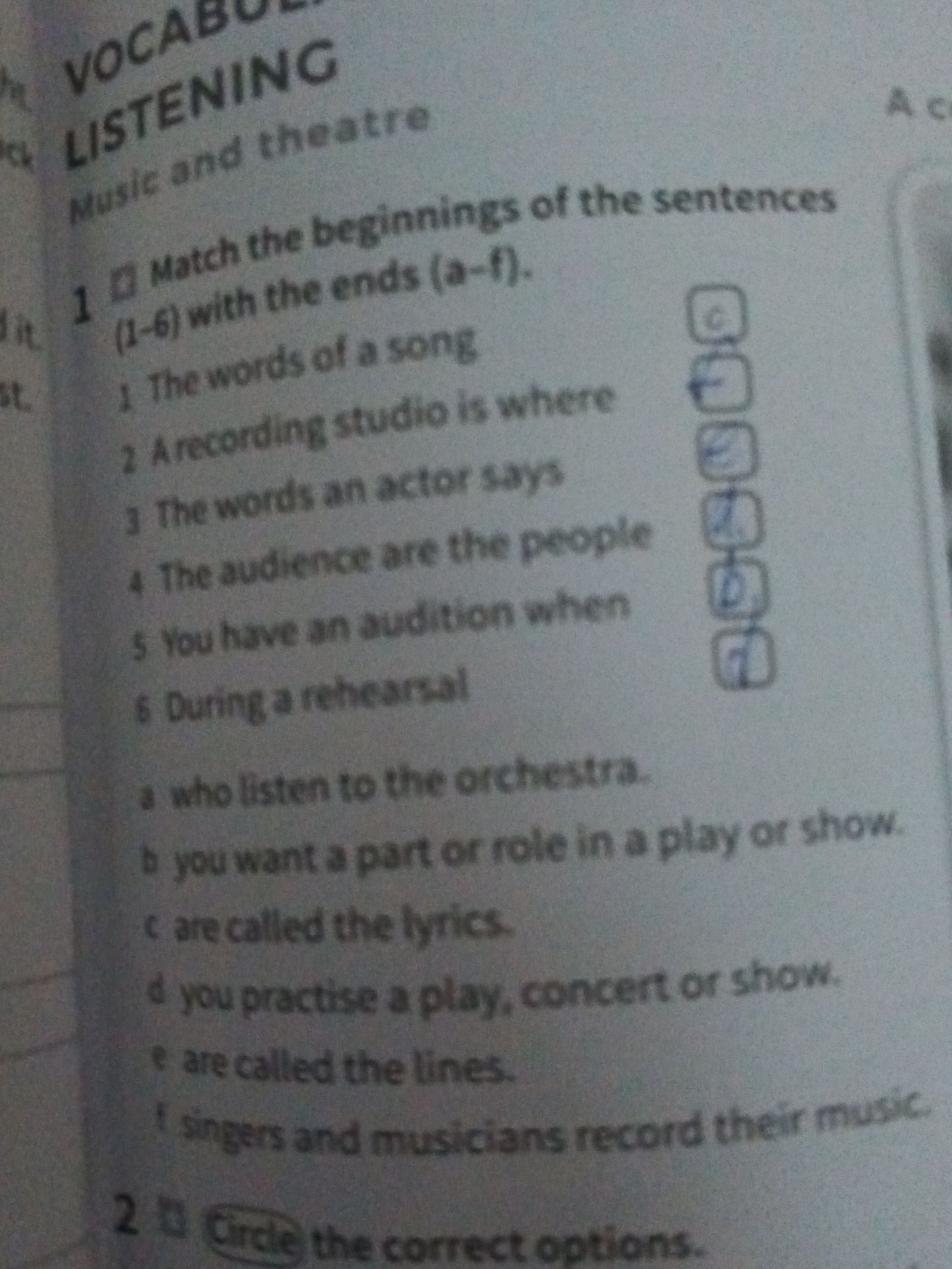 Фото задания: 1. Match the beginnings of the sentences (1–6) with the ends (a–f). 1 The words of a song. 2 A recording studio is where. 3…