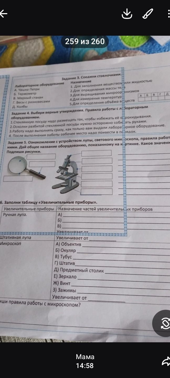 Фото задания: Задание 4. Выбери верные утверждения. Правила работы с лабораторным оборудованием: 1. Стеклянную посуду надо размещать так,…