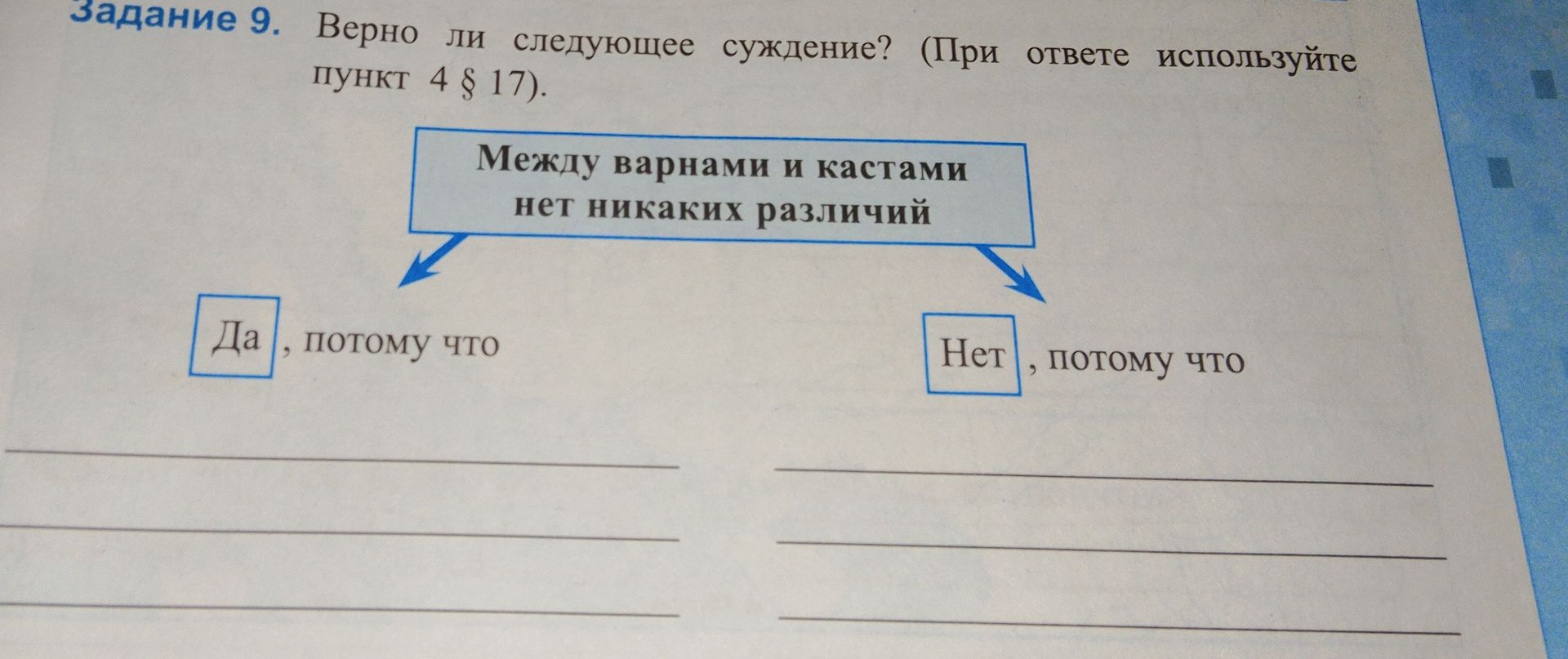 Фото задания: Задание 9. Верно ли следующее суждение? «Между варнами и кастами нет никаких различий» (при ответе используйте пункт 4 § 17).