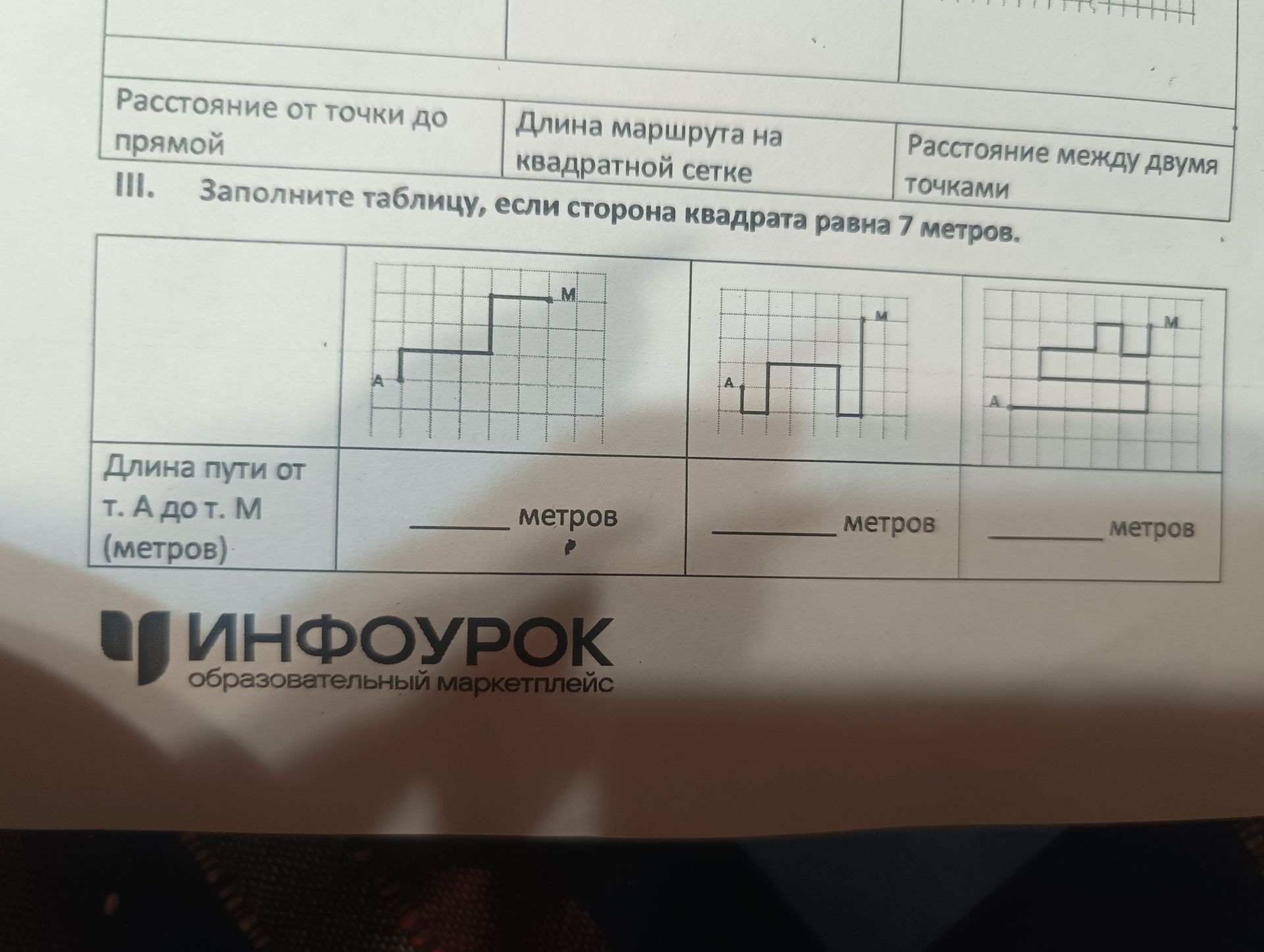 Фото задания: III. Заполните таблицу, если сторона квадрата равна 7 метров. Длина пути от т. А до т. М (метров) для каждого из трёх…