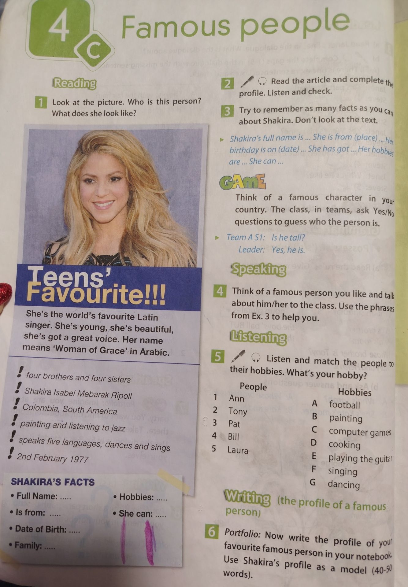 Фото задания: 6. Portfolio: Now write the profile of your favourite famous person in your notebook. Use Shakira’s profile as a model (40–50…