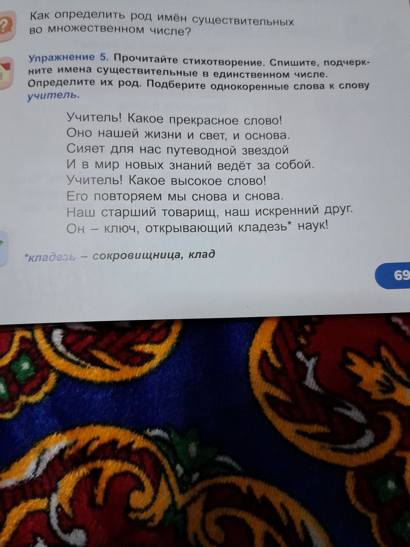 Фото задания: Упражнение 5. Прочитайте стихотворение. Спишите, подчеркните имена существительные в единственном числе. Определите их род.…
