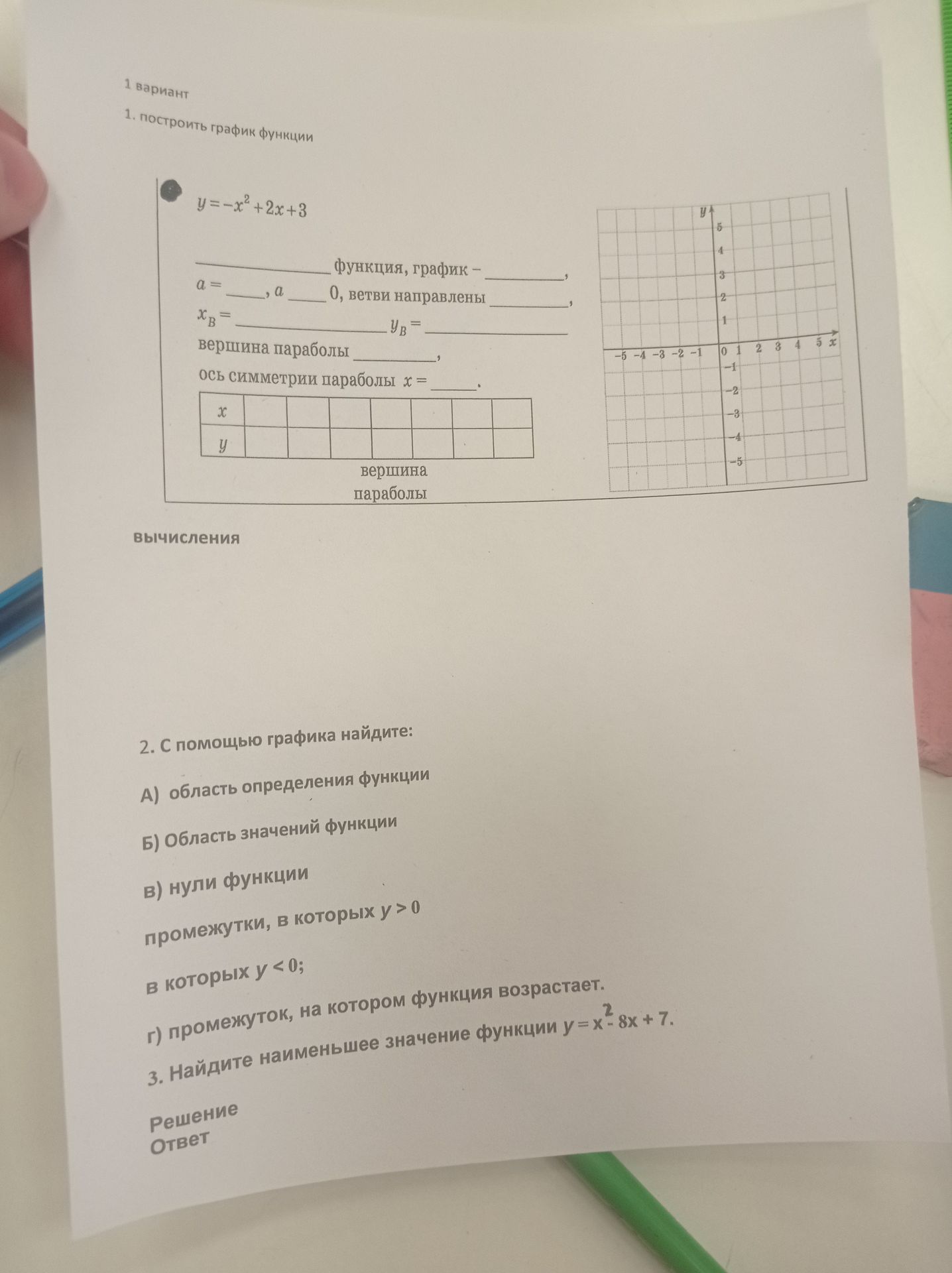 Фото задания: 2. С помощью графика найдите: а) область определения функции; б) область значений функции; в) нули функции; промежутки, в…
