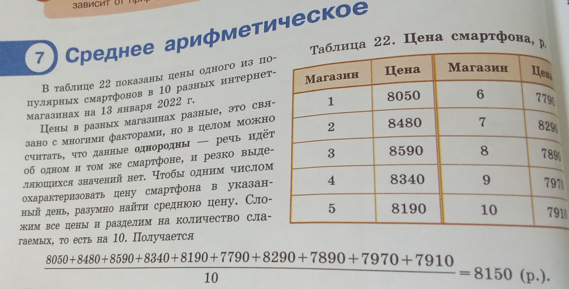 Фото задания: В таблице 22 показаны цены одного из популярных смартфонов в 10 разных интернет-магазинах на 13 января 2022 г. Цены (в…