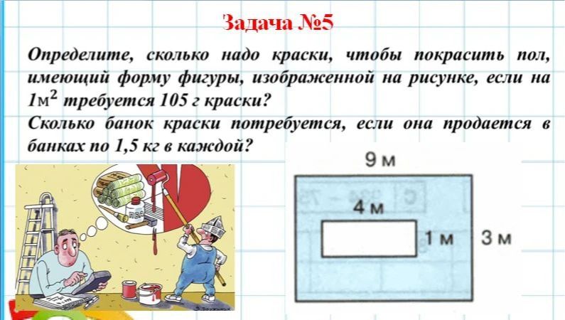 Фото задания: Задача № 5. Определите, сколько надо краски, чтобы покрасить пол, имеющий форму фигуры, изображённой на рисунке, если на 1 м²…