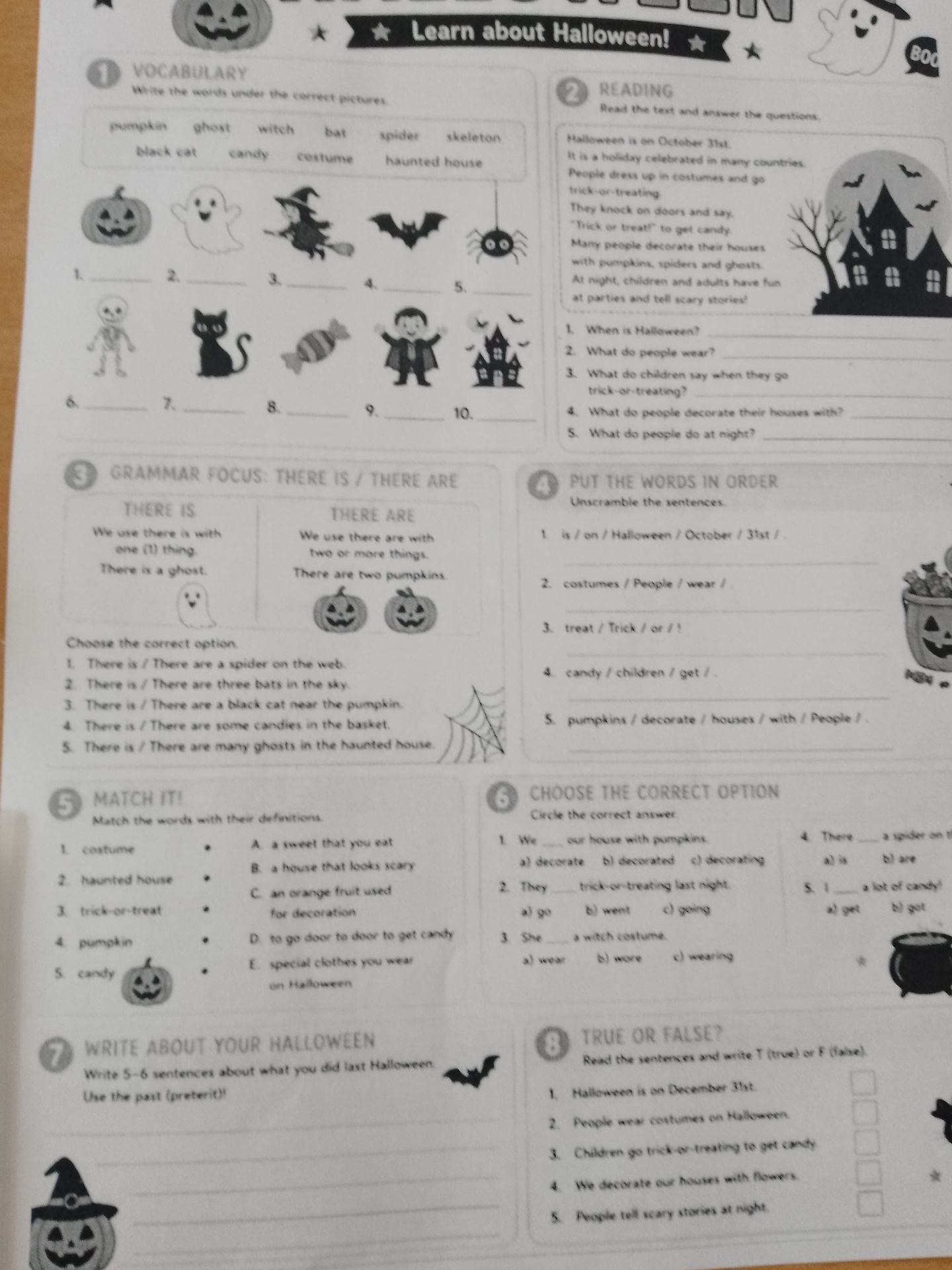 Фото задания: 6. CHOOSE THE CORRECT OPTION — Circle the correct answer. 1. We ___ our house with pumpkins. a) decorate b) decorated c)…