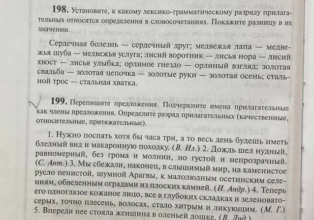 Фото задания: 199. Перепишите предложения. Подчеркните имена прилагательные как члены предложения. Определите разряд прилагательных…