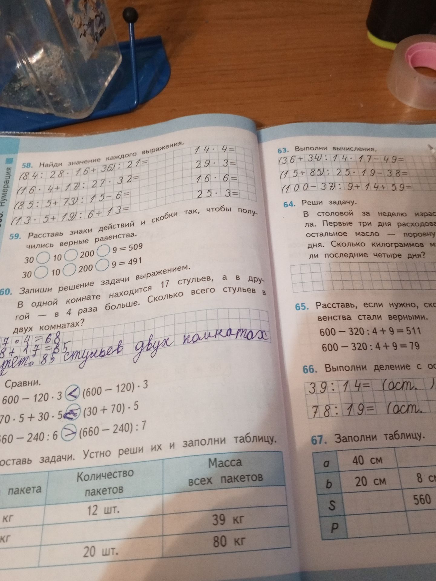 Фото задания: 63. Выполни вычисления: (36 + 34) : 14 · 17 − 49; (15 + 85) : 25 · 19 − 38; (100 − 37) : 9 + 14 + 59.