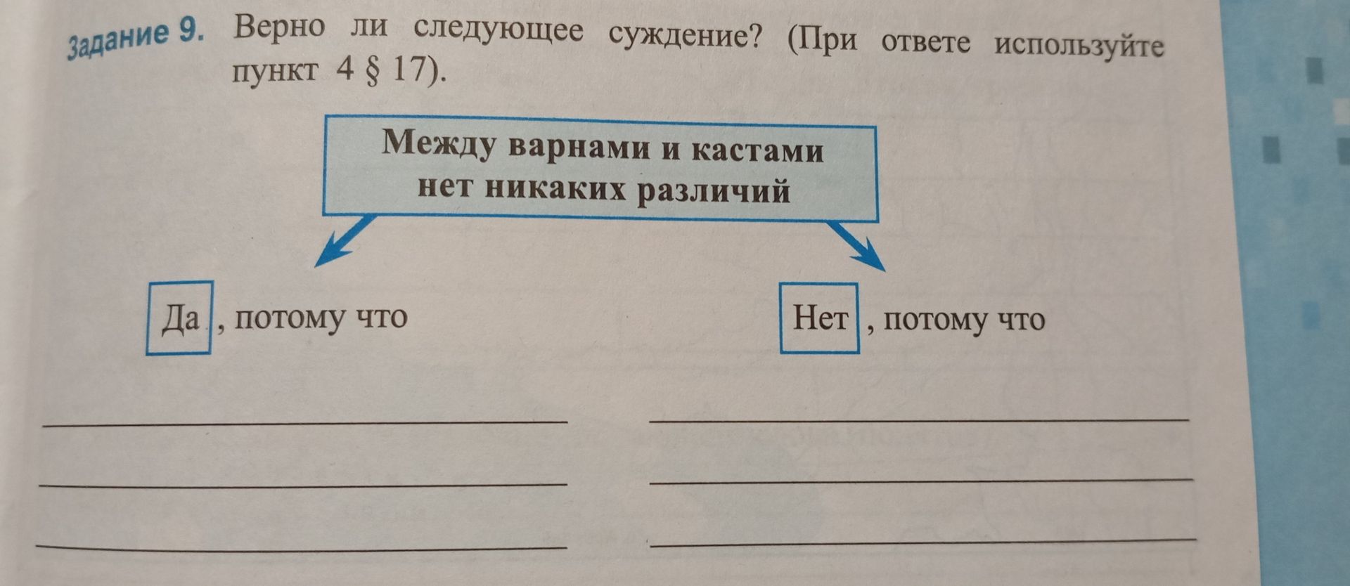 Фото задания: Задание 9. Верно ли следующее суждение? (При ответе используйте пункт 4 § 17.) Между варнами и кастами нет никаких различий.