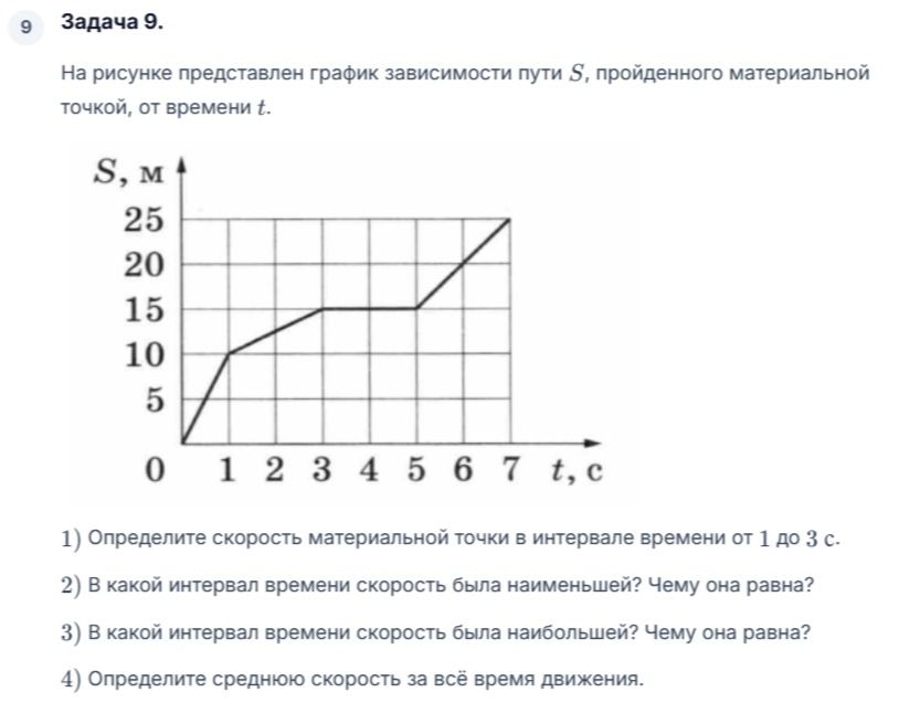 Фото задания: Задача 9. На рисунке представлен график зависимости пути S, пройденного материальной точкой, от времени t. 1) Определите…
