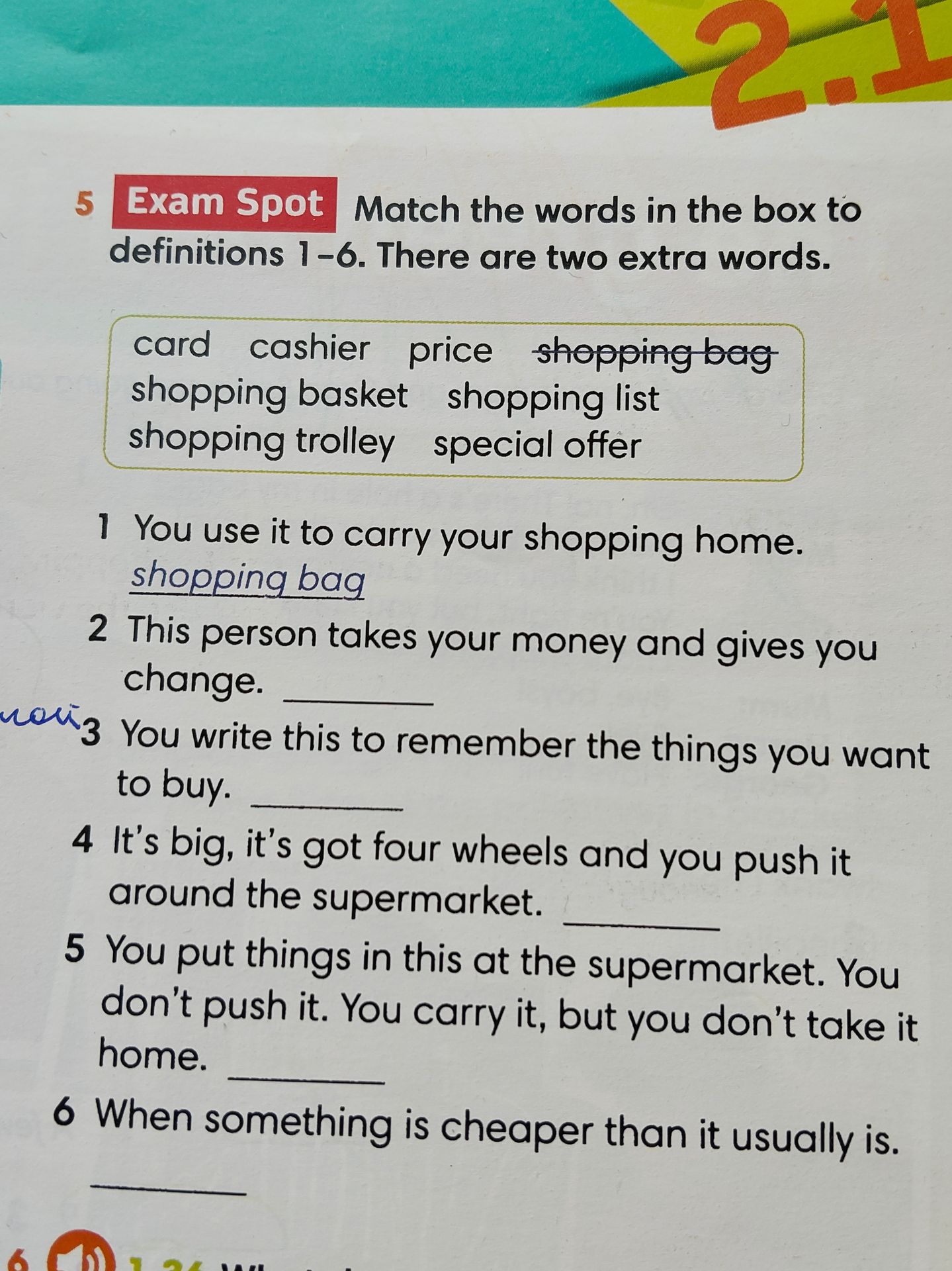 Фото задания: 5 Exam Spot. Match the words in the box to definitions 1–6. There are two extra words. Words: card, cashier, price,…