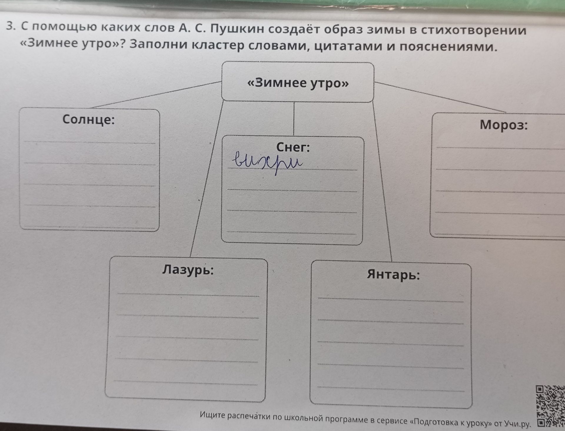 Фото задания: 3. С помощью каких слов А. С. Пушкин создаёт образ зимы в стихотворении «Зимнее утро»? Заполни кластер словами, цитатами и…