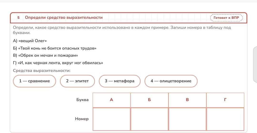 Фото задания: 5. Определи, какое средство выразительности использовано в каждом примере. Запиши номера в таблицу под буквами. А) «вещий…