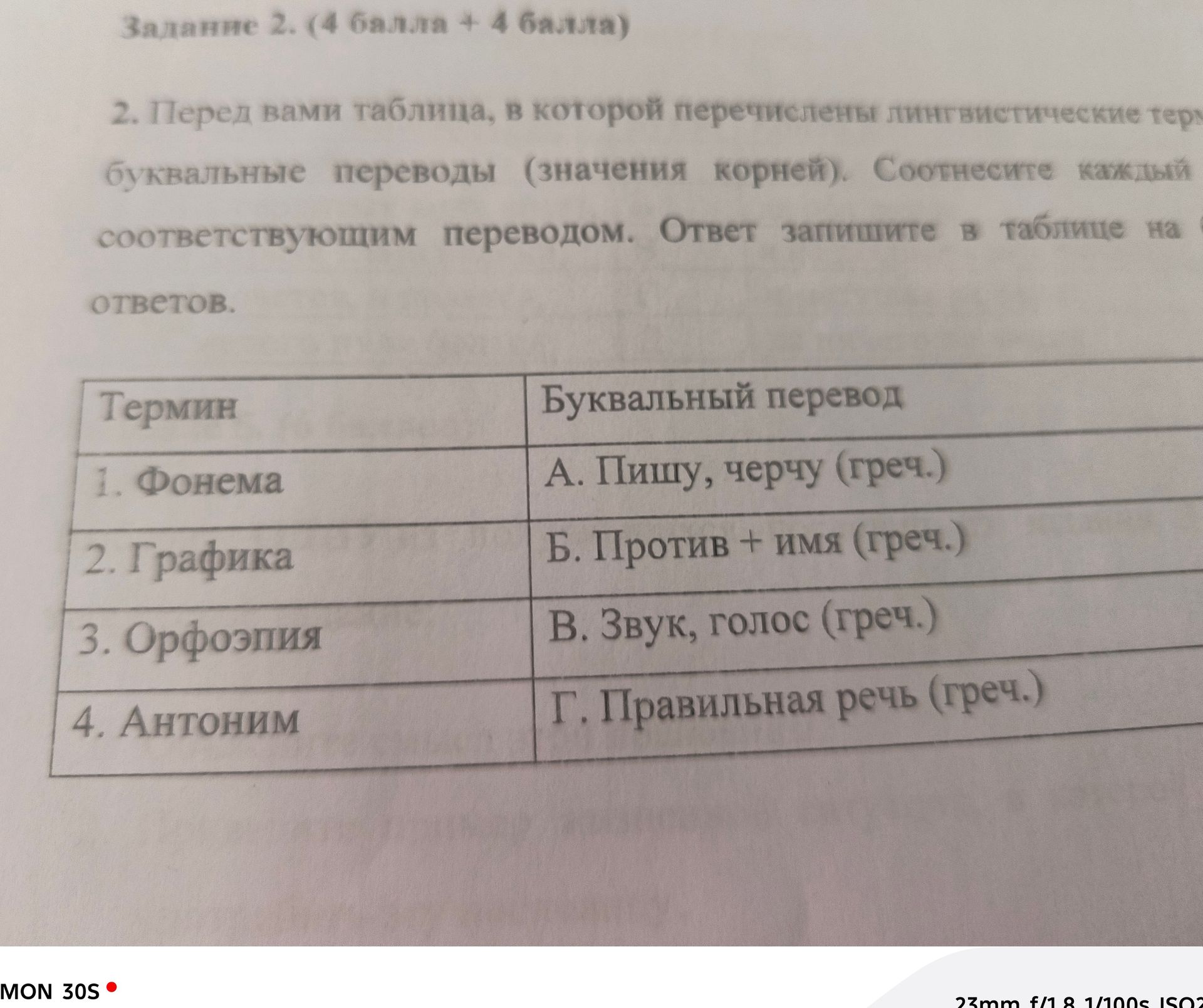 Фото задания: 2. Перед вами таблица, в которой перечислены лингвистические термины и их буквальные переводы (значения корней). Соотнесите…