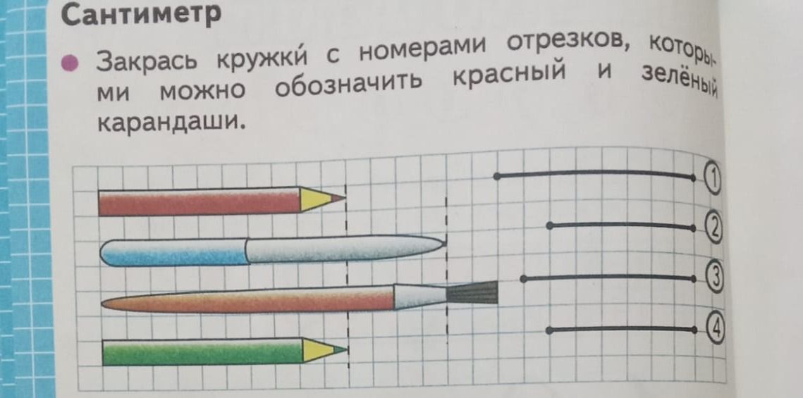 Фото задания: Закрась кружки с номерами отрезков, которые можно обозначить красным и зелёным карандашами.