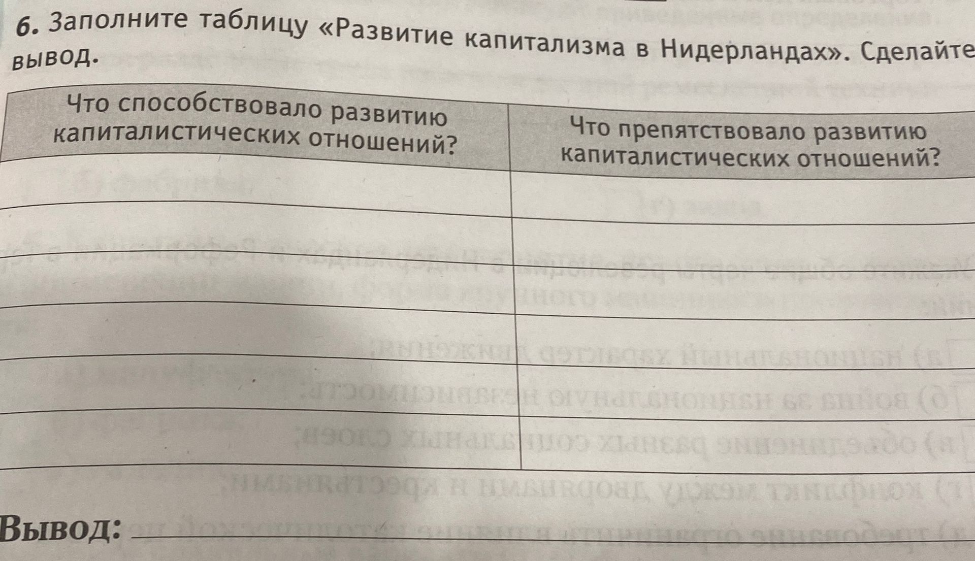 Фото задания: 6. Заполните таблицу «Развитие капитализма в Нидерландах». Сделайте вывод.