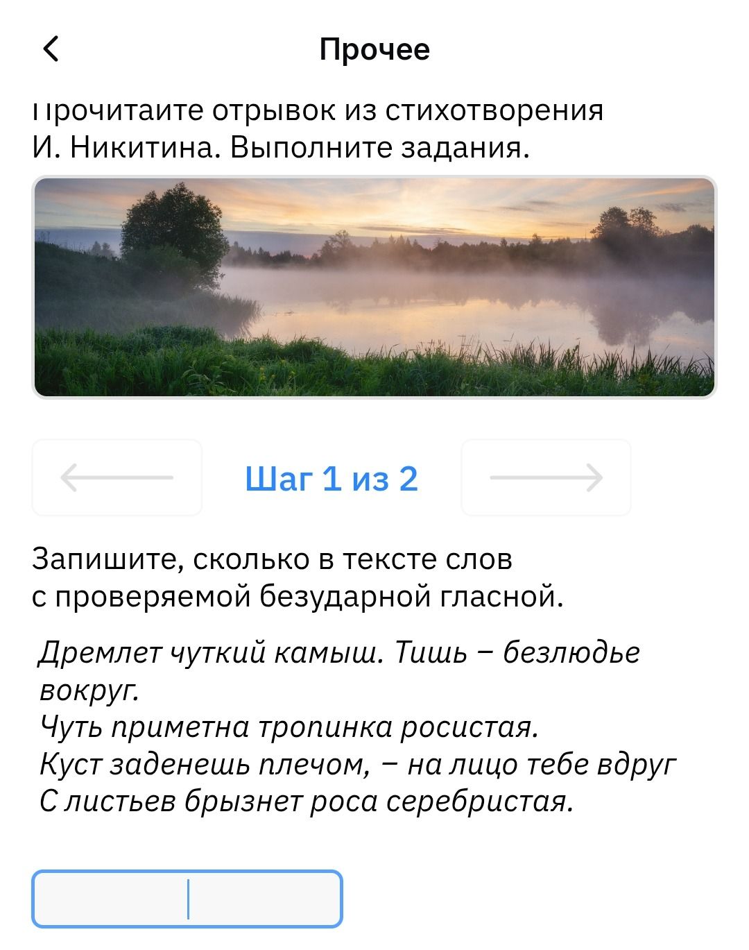 Фото задания: Прочитайте отрывок из стихотворения И. Никитина. Запишите, сколько в тексте слов с проверяемой безударной гласной: «Дремлет…