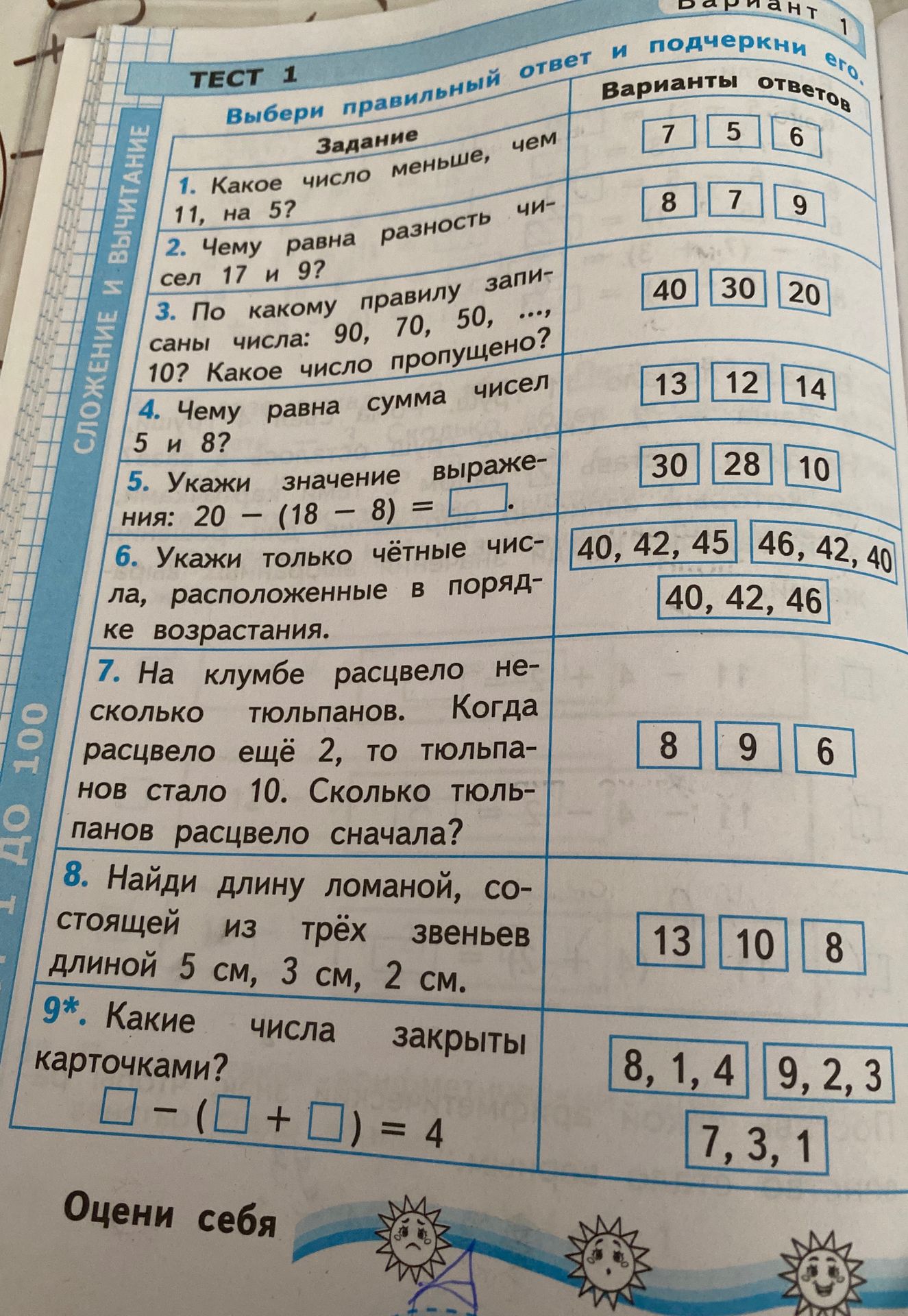 Фото задания: 9*. Какие числа закрыты карточками? □ − (□ + □) = 4. Варианты: 8, 1, 4; 9, 2, 3; 7, 3, 1.